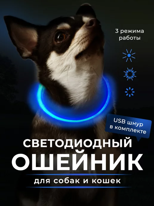 Усы-Лапы-Хвост Светящийся неоновый ошейник, синий