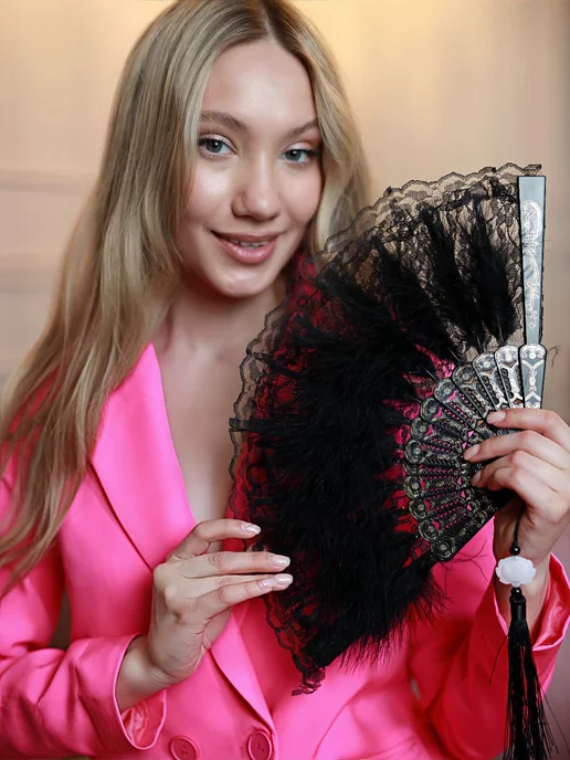 asiaveershop Веер складной кружевной с перьями, черный, фото 4