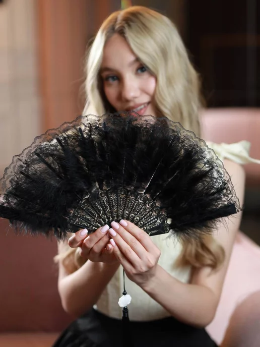 asiaveershop Веер складной кружевной с перьями, черный, фото 5