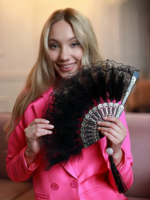 asiaveershop Веер складной кружевной с перьями, черный, фото 6