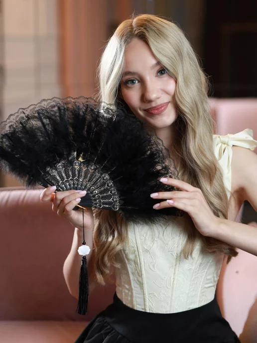 asiaveershop Веер складной кружевной с перьями, черный, фото 7