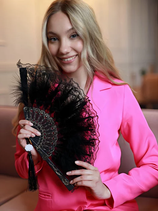 asiaveershop Веер складной кружевной с перьями, черный, фото 8