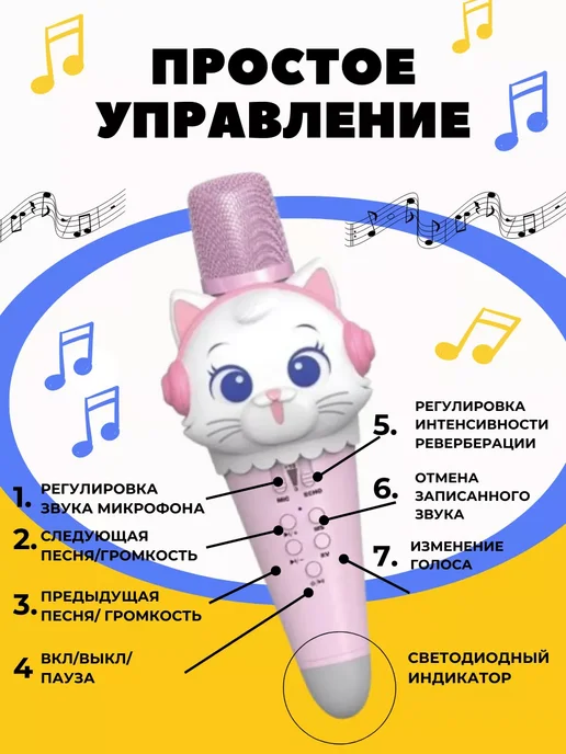 Микрофон с караоке Микрофон караоке беспроводной детский с колонкой Котенок, розовый, фото 4