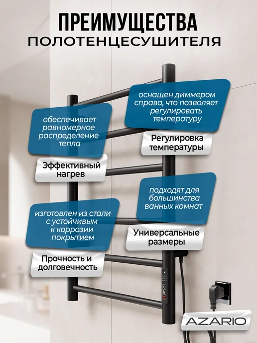 Azario Полотенцесушитель Parma 400 600 R элект. 6 пер, черный, фото 4