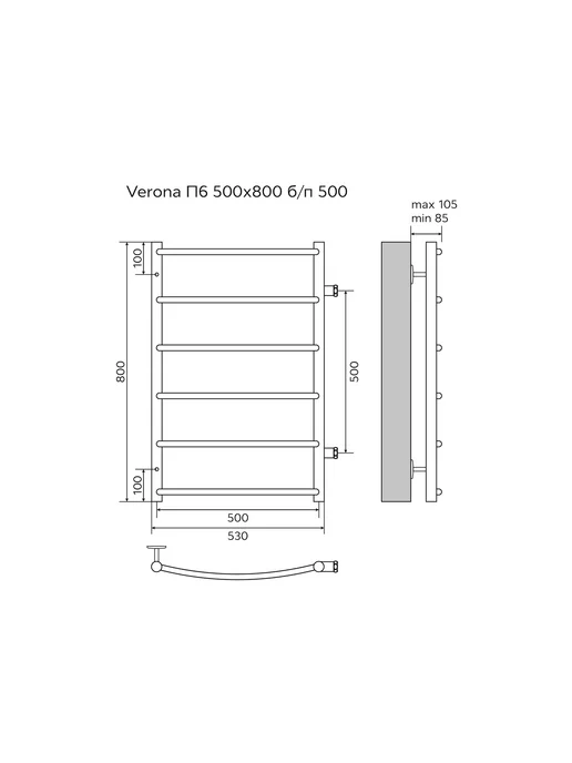 Azario Полотенцесушитель Verona 500 800 водяной 6 пер, серый, фото 5