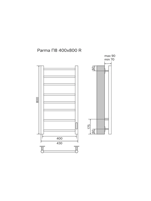 Azario Полотенцесушитель Parma 400 800 R элект. 8 пер, белый, фото 5