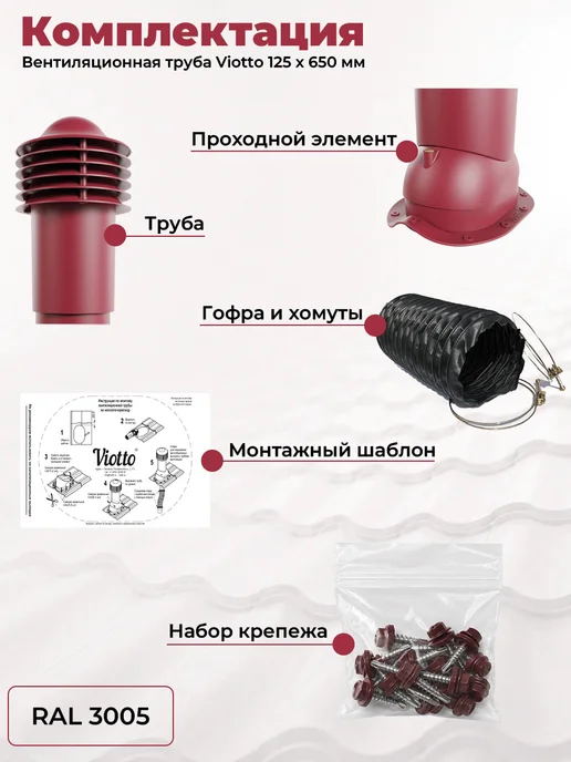 viotto Труба вентиляционная 110 мм утеплённая для металлочерепицы, красный, фото 7