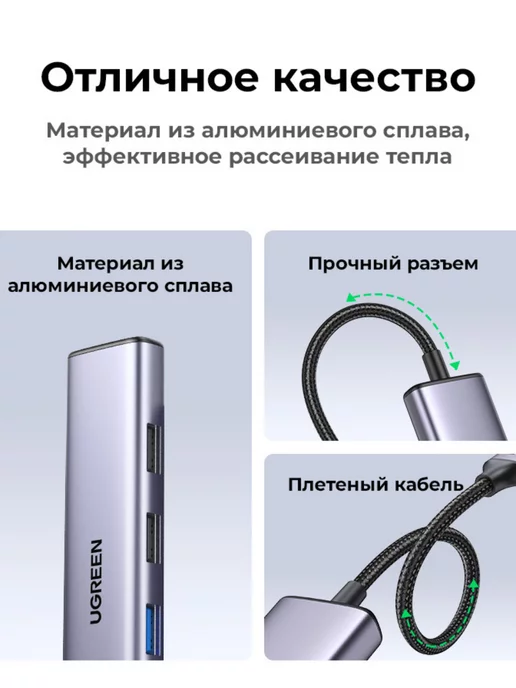 UGREEN Хаб USB-C 5в1 USB-A 3.0+2хUSB-A 2.0, HDMI 4K 30Гц, PD 100Вт, 100 Вт, фото 6
