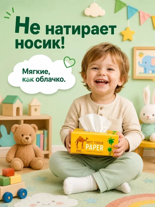 TokiBABY Салфетки бумажные сухие в мягкой упаковке 6 уп по 200 шт, 200 шт, фото 3