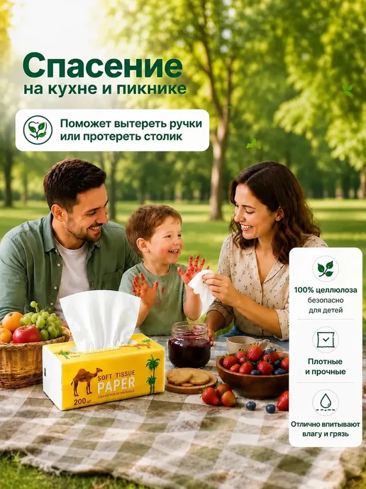 TokiBABY Салфетки бумажные сухие в мягкой упаковке 6 уп по 200 шт, 200 шт, фото 7