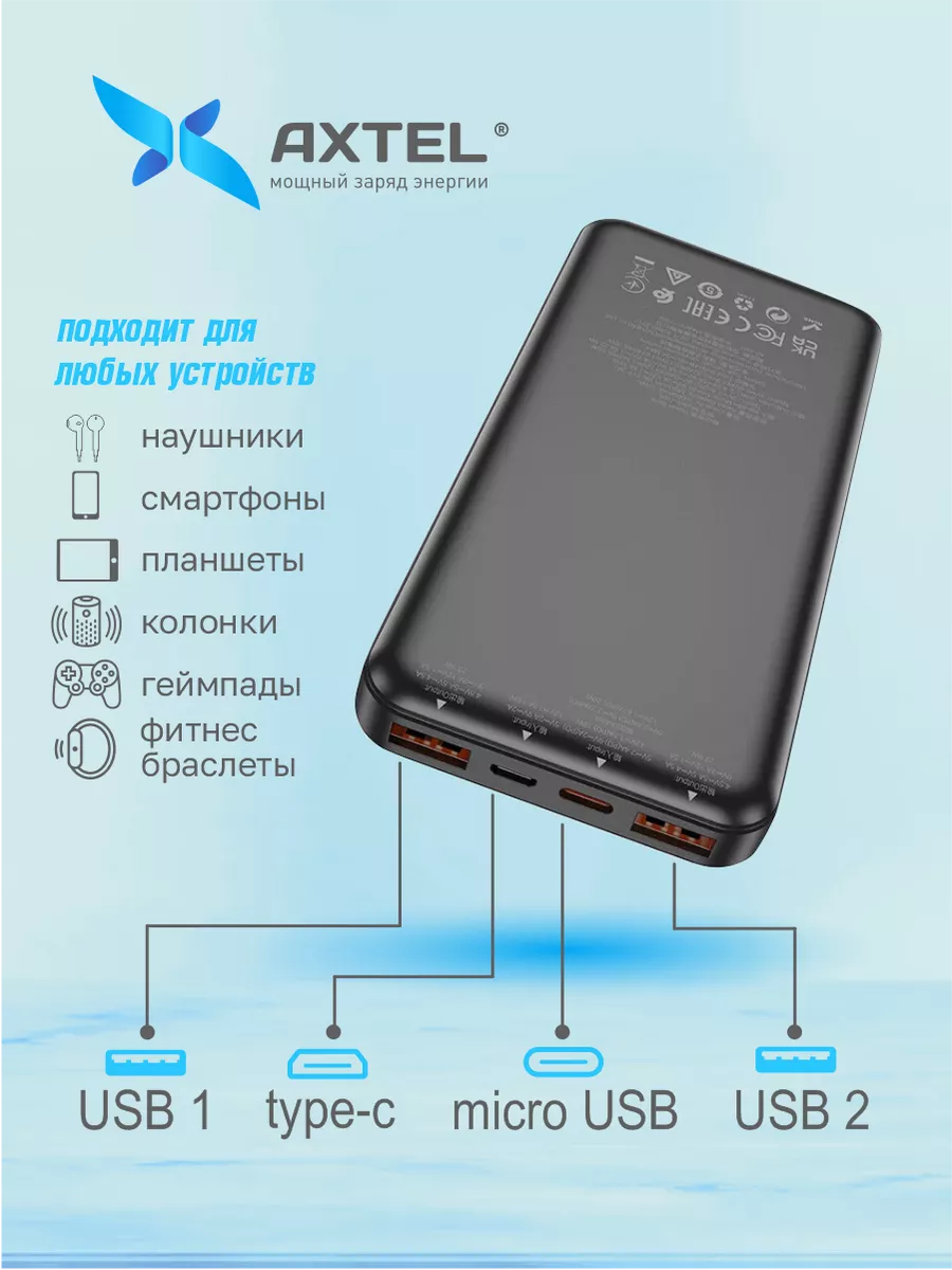 Повербанк 10000 внешний аккумулятор с быстрой зарядкой Axtel 200724411  купить за 1 296 ₽ в интернет-магазине Wildberries