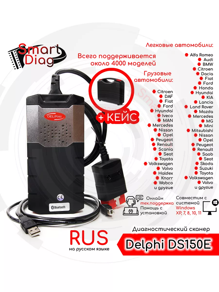 Автосканер Delphi DS150e Одноплатный (USB + Bluetooth), кейс SmartDiag  201000503 купить за 11 563 ₽ в интернет-магазине Wildberries