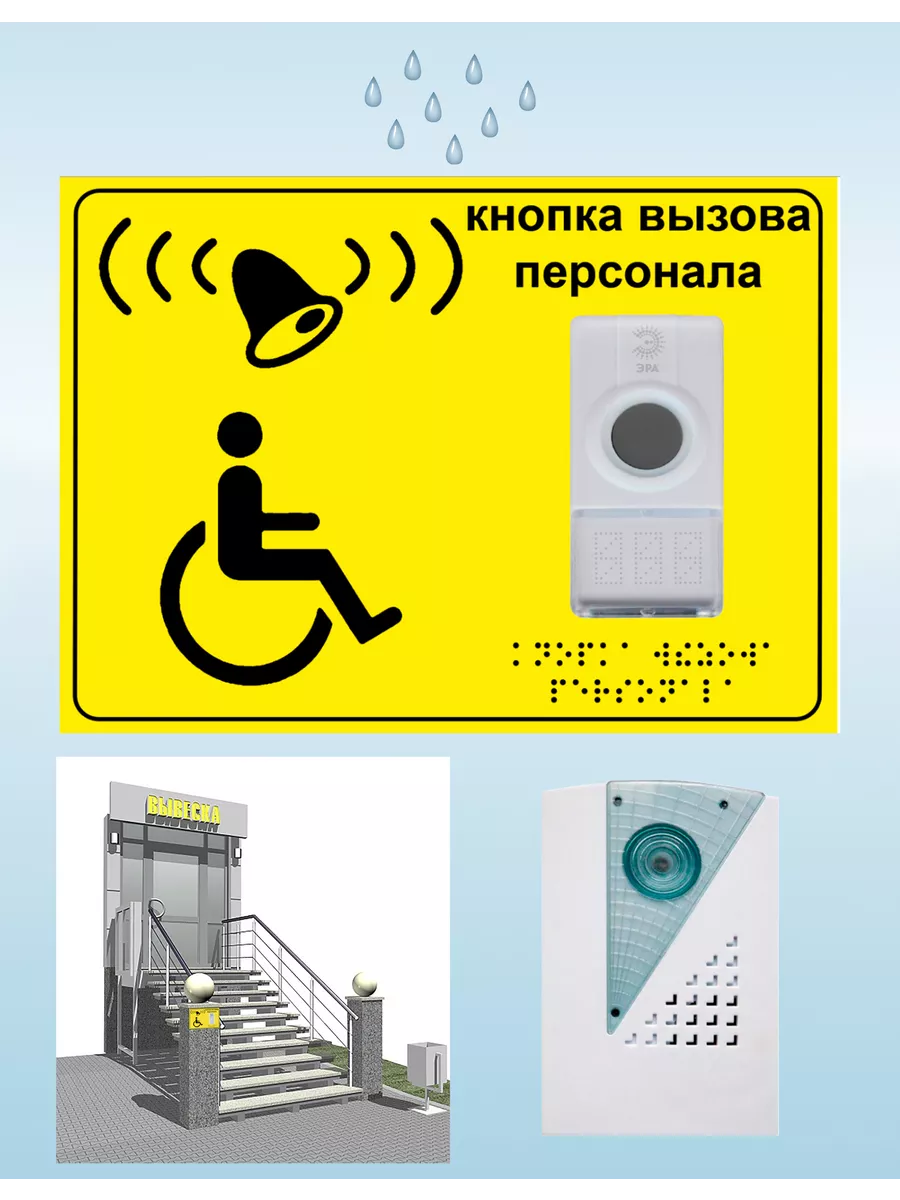 Табличка шрифт Брайля "Вызов персонала" и звонок