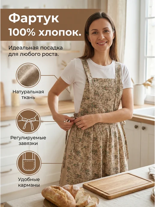КиК стиль Фартук кухонный женский рабочий для творчества рисования, коричневый