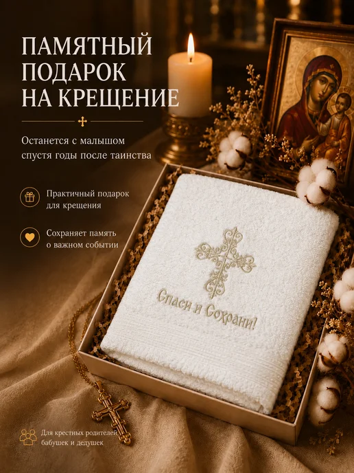 Лучик света Полотенце для крещения молочное махровое подарок, белый, фото 7
