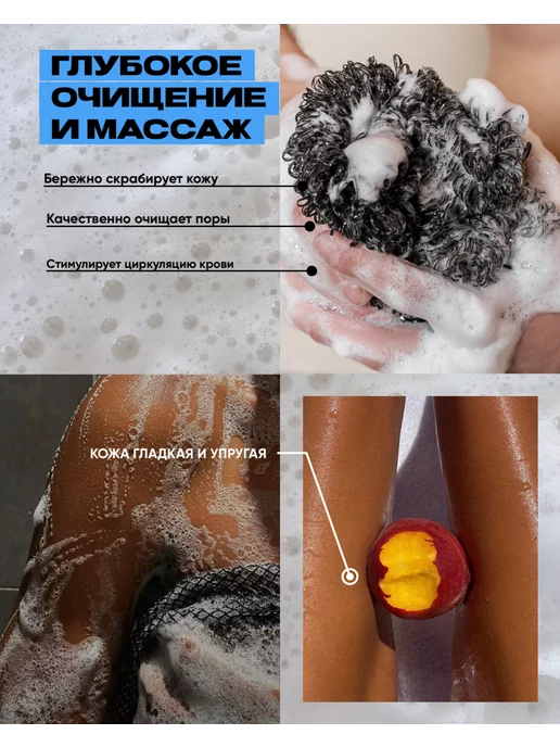 Kindshop Мочалка для душа и тела жесткая длинная с ручками, черный, фото 3