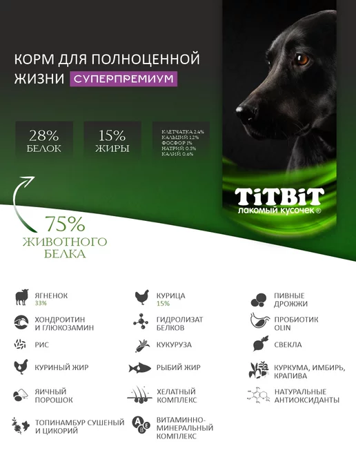 Сухой корм Titbit Суперпремиум Ср. для собак, щенки, ягненок, 2 кг, фото 2