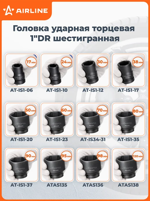AIRLINE Головка ударная торцевая 1"DR шестигранная 46мм, черный, фото 8