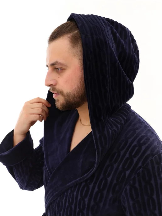 Пальма Халат домашний с капюшоном больших размеров, синий, фото 6
