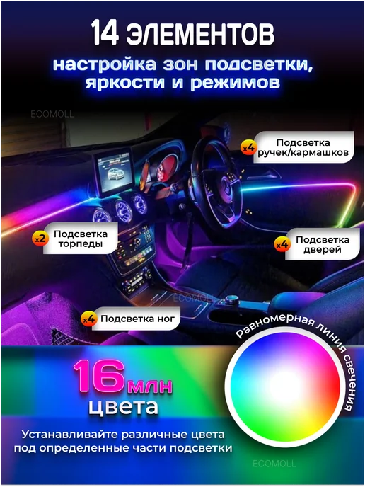 ECOMOLL Атмосферная подсветка в машину Ambient RGB DMX 14в1, 4 шт, фото 3