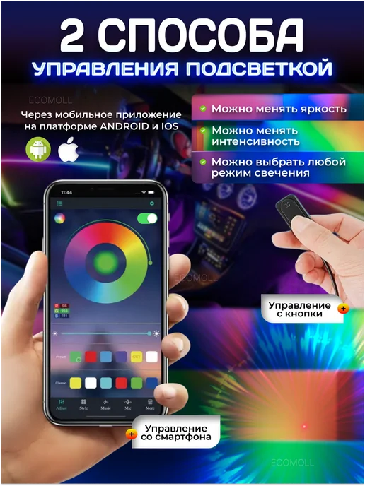 ECOMOLL Атмосферная подсветка в машину Ambient RGB DMX 14в1, 4 шт, фото 8