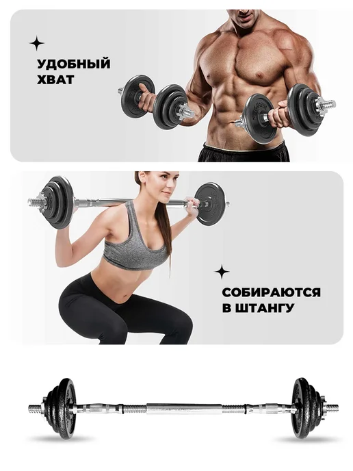 PROIRON Гантели разборные 20 кг со штангой металлические, 20 кг, фото 3