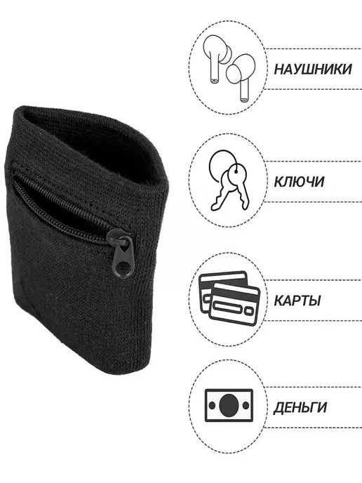 IRCHI Напульсник спортивный с карманом, черный, фото 5