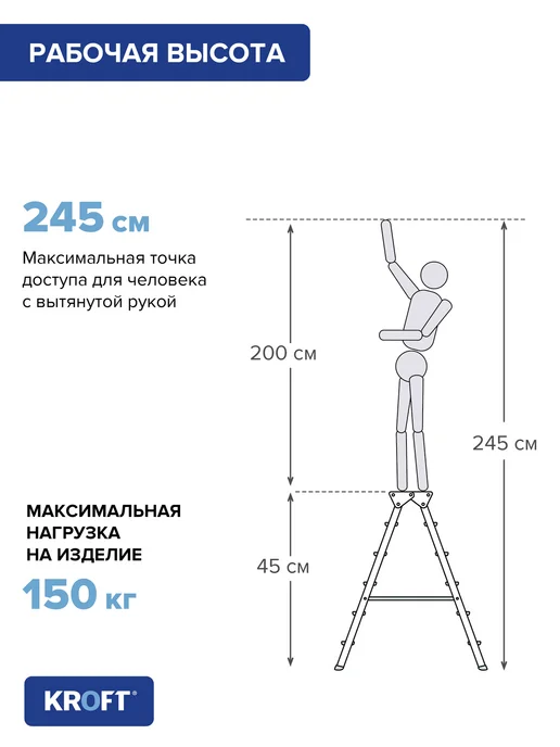 KROFT Стремянка стальная с алюминиевыми ступенями 2х2, вариант, фото 2