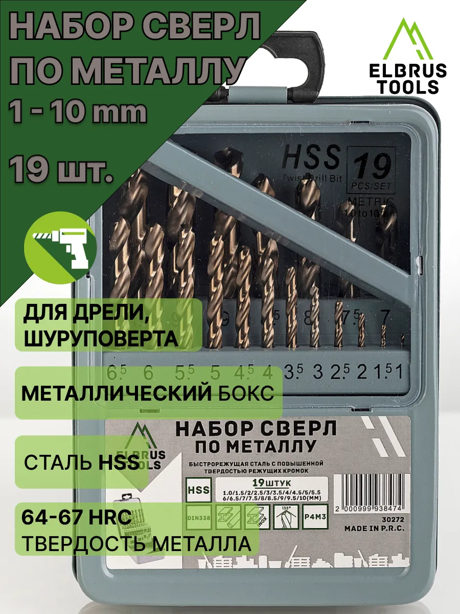 Набор сверл по металлу 1-10 мм - 19 шт Р4М3 DIN338