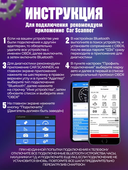 Carhouse Автосканер для диагностики авто,ELM327 v 1.5 адаптер OBD2, черный, фото 4