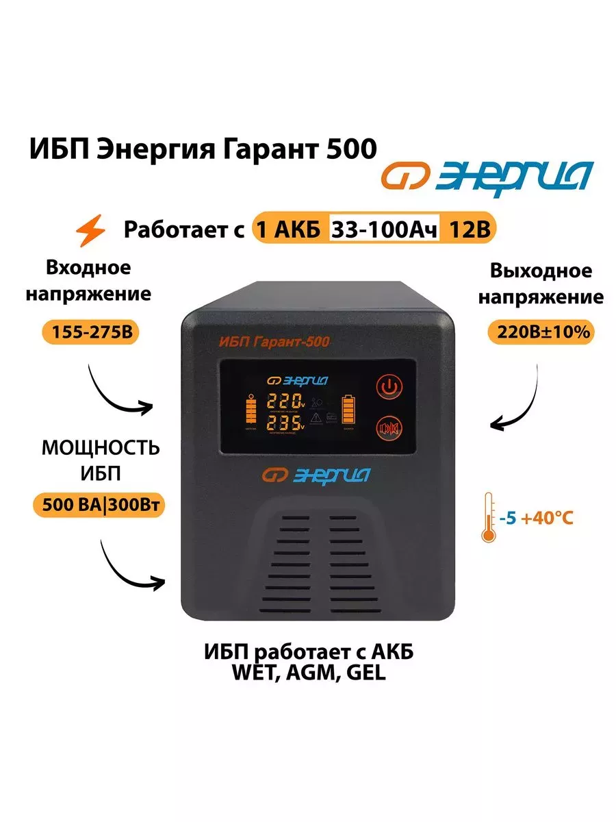 Источник бесперебойного питания Энергия ИБП Гарант 500 12В Энергия 203731751 купить за 14 159 ₽ в интернет-магазине Wildberries