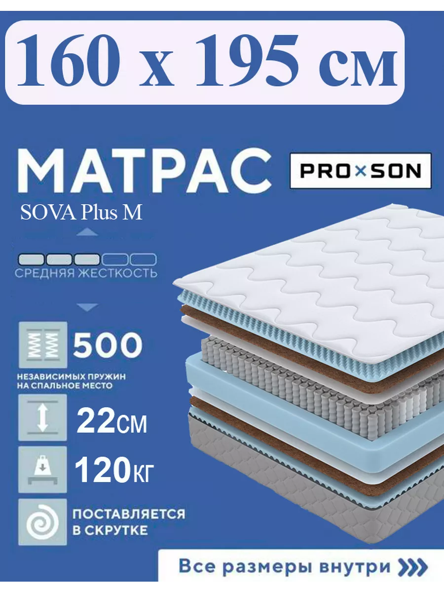 Матрас SOVA Plus M 160х195 пружинный (рулон) Proson 203733310 купить за 21  408 ₽ в интернет-магазине Wildberries