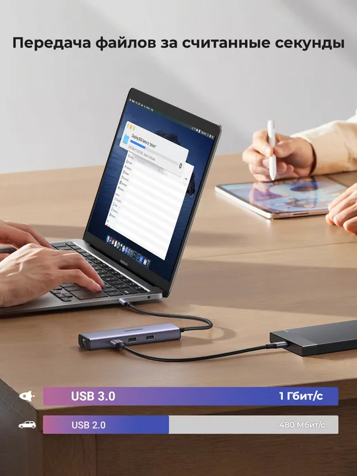 UGREEN Хаб USB-C 6 в 1 HDMI 4K 30Гц, USB-A 3.0, RJ45, PD, 100Вт, 100 Вт, фото 4