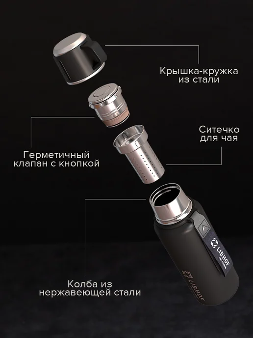 Libhof Термос для чая с ситечком TW-900 black, черный, фото 3