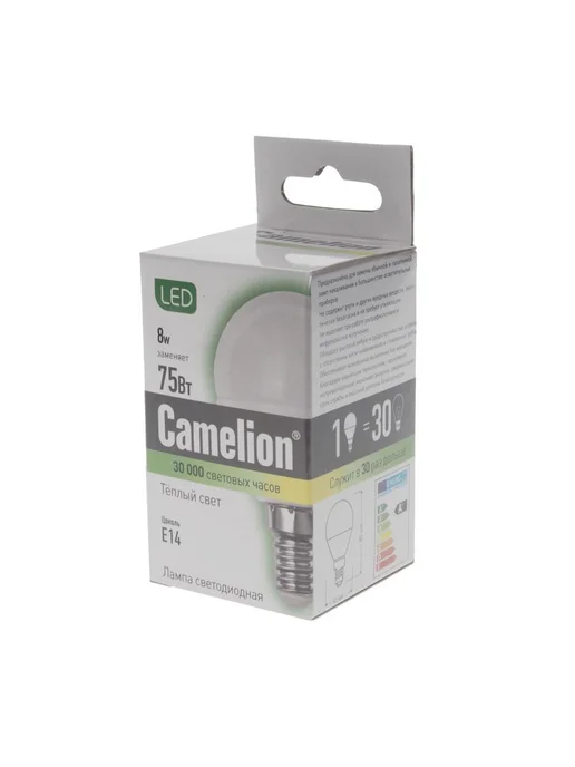CAMELION Лампа светодиодная E14 G45 8W (75W) 220V теплый BasicPower, 8 Вт, 75 Вт, фото 2