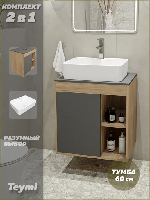 Teymi Тумба подвесная с раковиной для ванной 60 Helmi S 48 F03470, серый