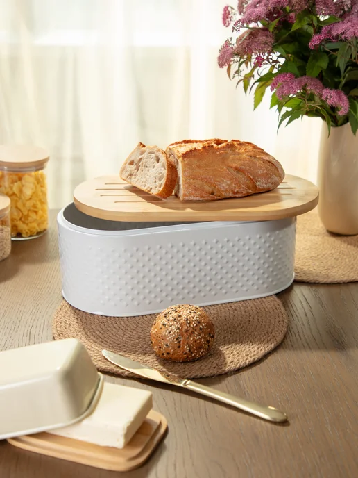 Agness Хлебница с крышкой и 2 банки для сыпучих продуктов набор, белый, фото 4
