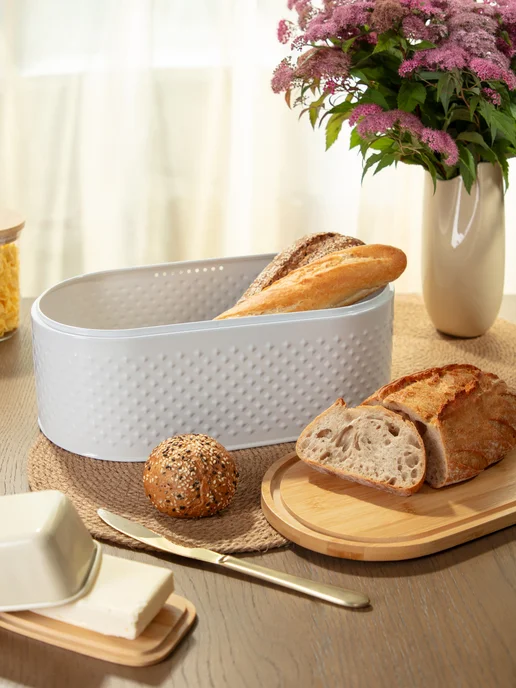 Agness Хлебница с крышкой и 2 банки для сыпучих продуктов набор, белый, фото 5