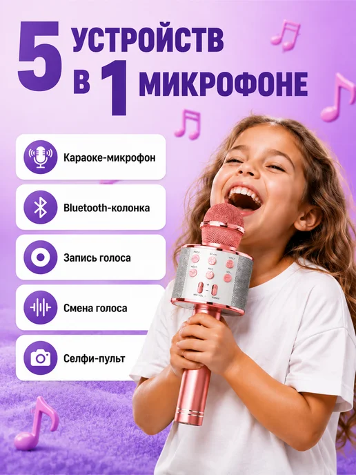 Микрофон караоке с колонкой, розовый, фото 2