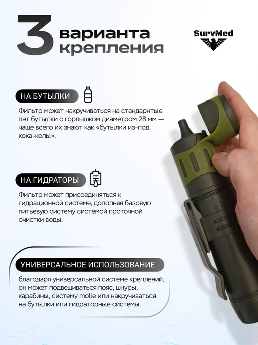 Surv24 Фильтр для воды походный туристический мини, зеленый, в упаковке 200 г, фото 2